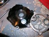 The supplied insert fitted into place on the starter motor clutch cover. The pulley flange shaft pokes through here.